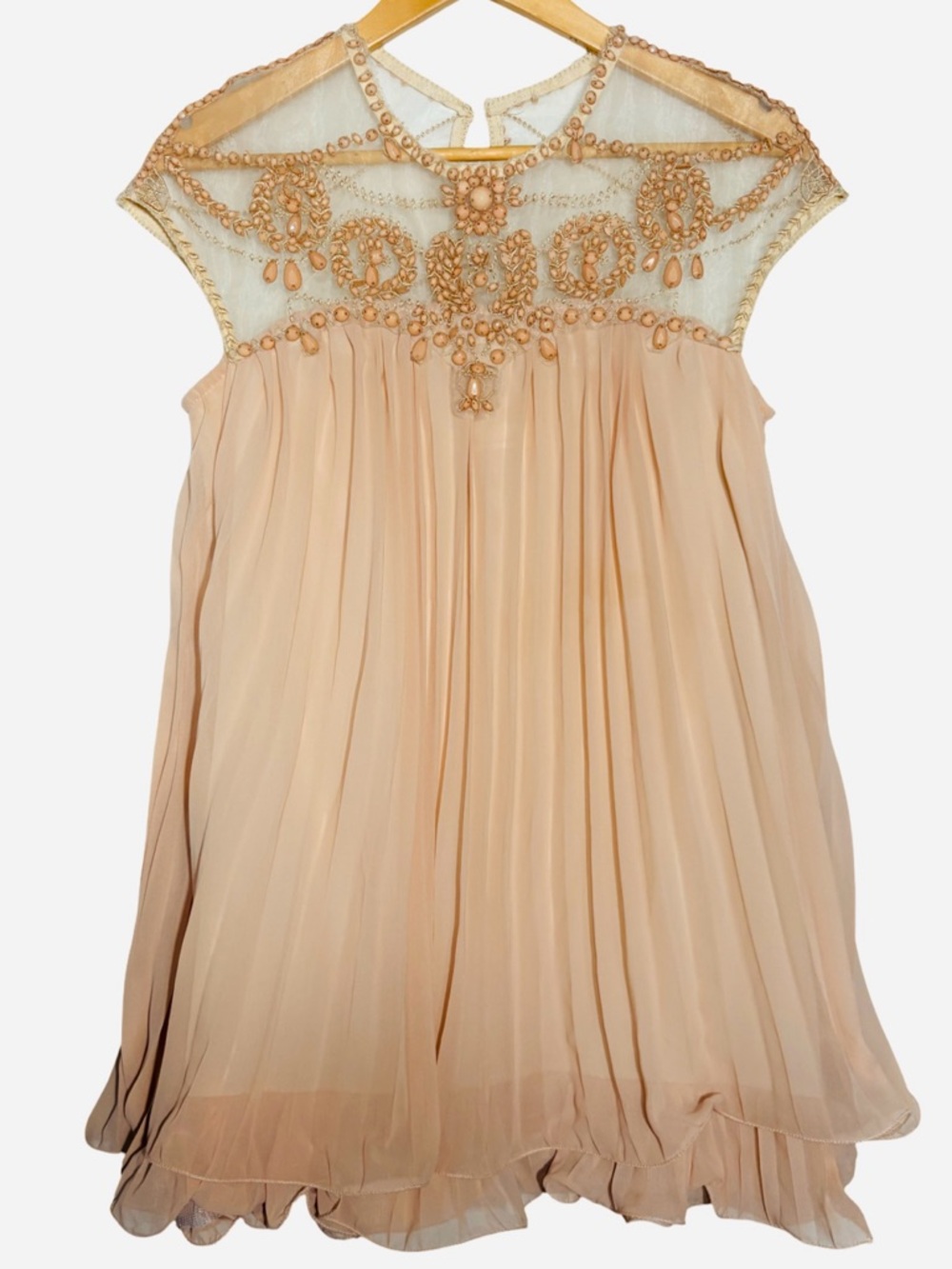 Chicwish Peach Beaded Babydoll Dress Boho Sheer Overlay Embellished Mini S/M